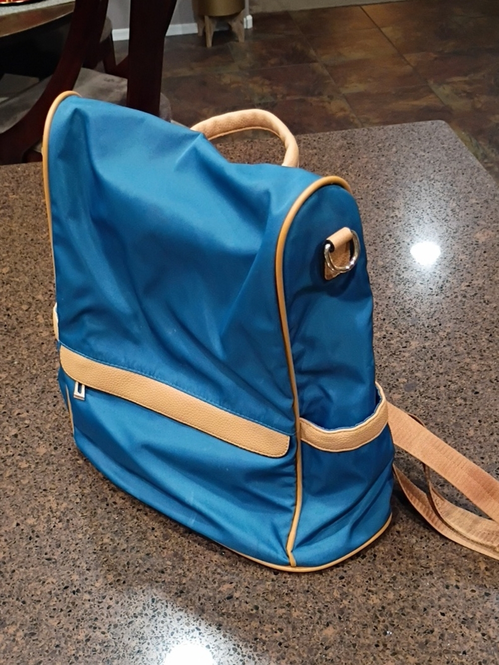 Blue and Tan Backpack w/Strap And Passport Holder